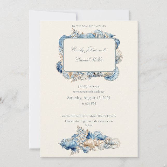 Elegant Seashell Border Wedding Einladung (Vorderseite)