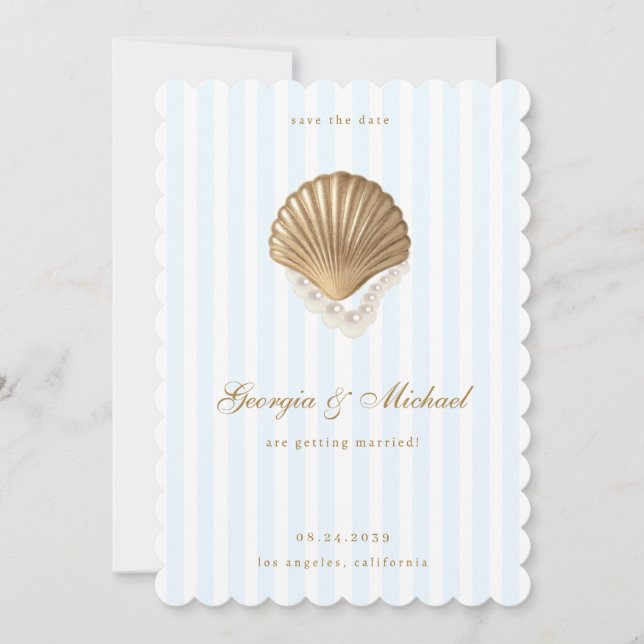Elegant Seashell Gold & Blue Coastal Wedding Save The Date (Vorderseite)