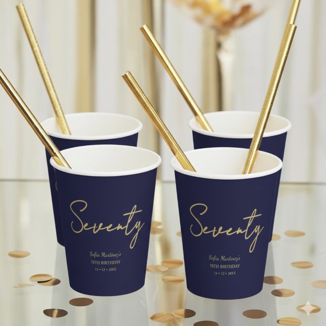 Elegant Seventy Birthday Paper Cup Navy Gold Pappbecher (Von Creator hochgeladen)