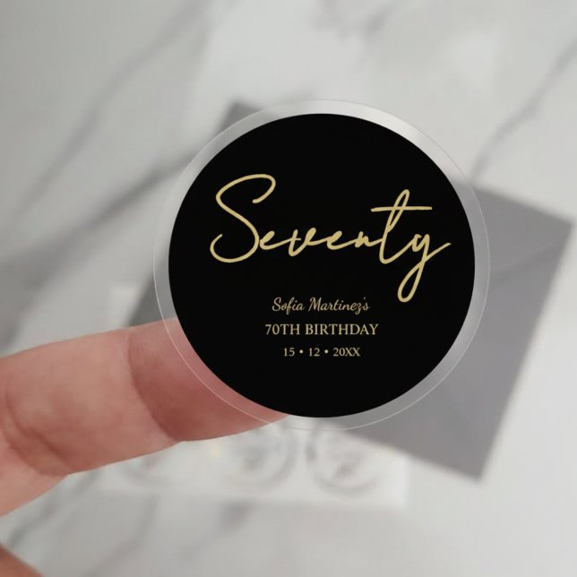 Elegant Seventy Birthday Sticker–Black Gold Script Runder Aufkleber (Von Creator hochgeladen)