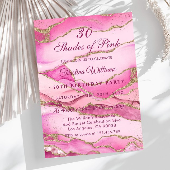 Elegant Shades of Pink Birthday Party  Einladung (Elegant Pink and Gold Marble, Shades of Pink Birthday Party Invitation)