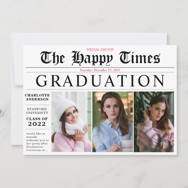 Elegant Share your News 3 Foto Graduation Party Einladung (Vorderseite)