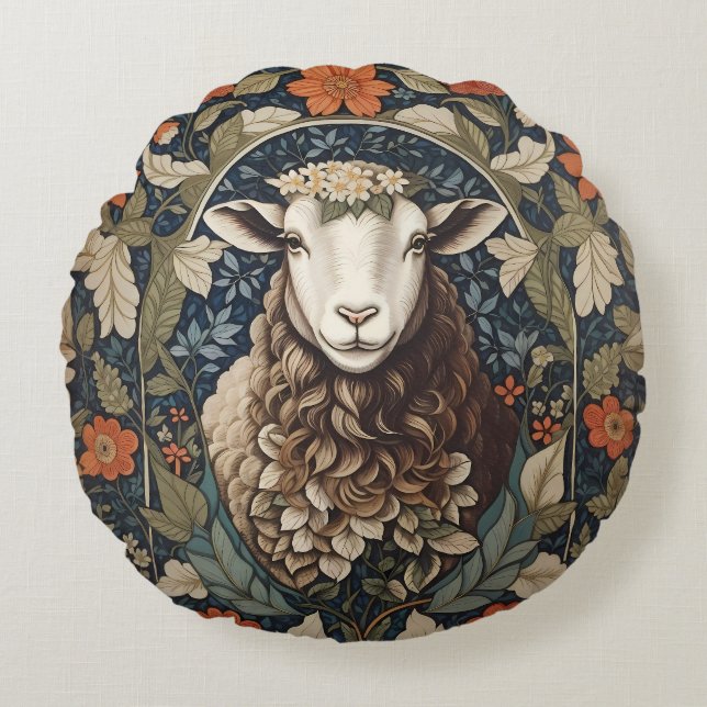 Elegant Sheep William Morris Floral Rundes Kissen (Vorderseite)