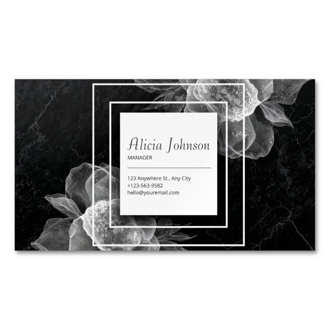 Elegant Sheer Floral & Black Marmor Magnetische Visitenkarte (Vorderseite)