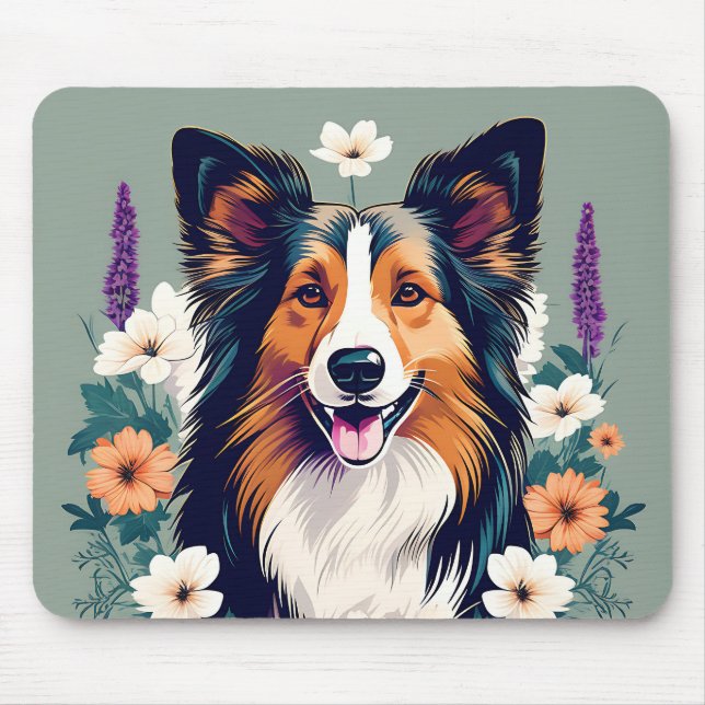 Elegant Shetland Sheepdog mit floral Mousepad (Vorne)