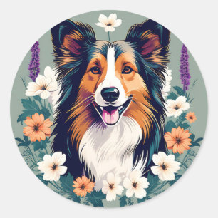 Elegant Shetland Sheepdog mit floral Runder Aufkleber