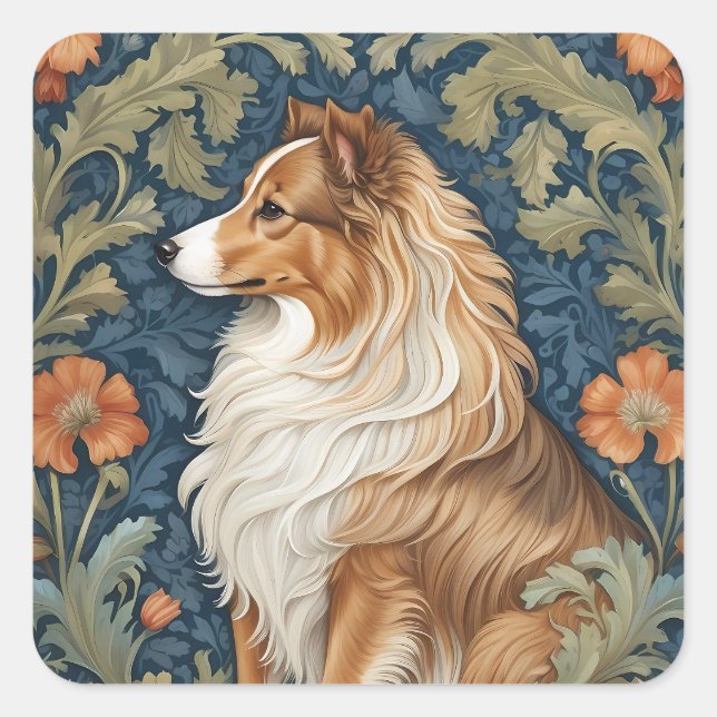 Elegant Shetland Sheepdog William Morris Inspirier Quadratischer Aufkleber (Vorderseite)