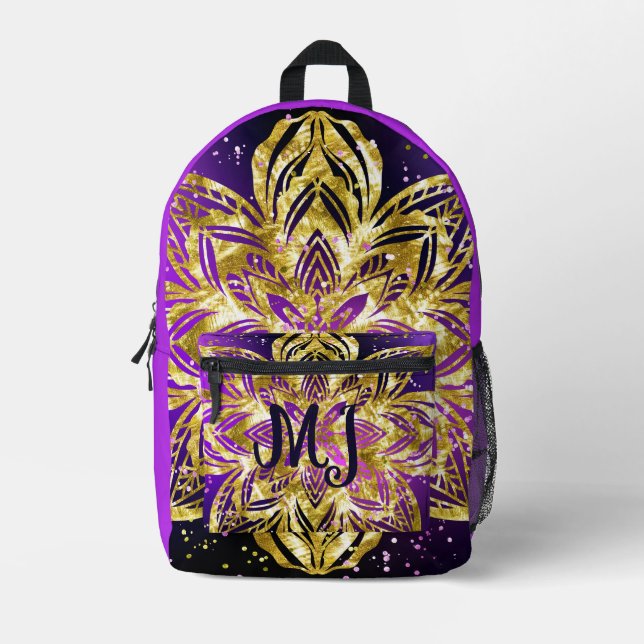 Elegant Shimmer Lila Gold Mandala personalize Bedruckter Rucksack (Vorderseite)