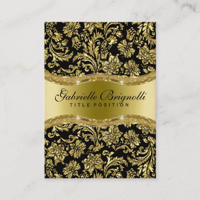 Elegant Shiny Metallic Gold & Black Floral Damasks Visitenkarte (Vorderseite)