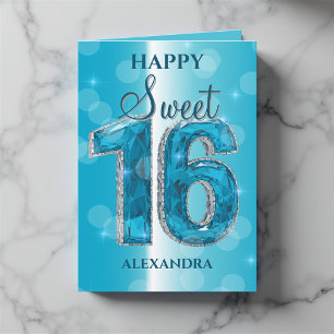 Elegant Shiny Sapphire & Silver Gemstone Sweet 16 Karte