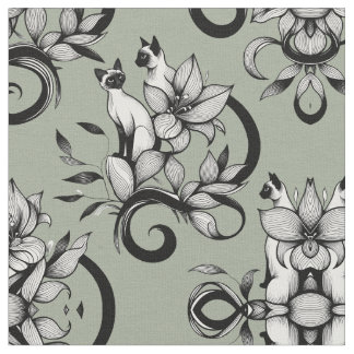 Elegant Siamese Cats Floral Vintage Illustration Stoff