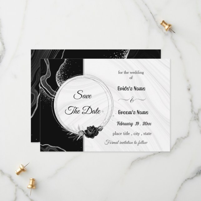 elegant silber und schwarz, floriert Save the Date (Vorderseite/Rückseite Beispiel)