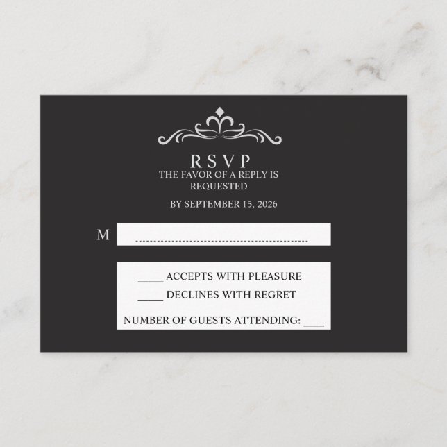 Elegant Silver and Black Horizontal Wedding RSVP  Karte (Vorderseite)