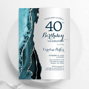 Elegant Silver Aquamarin Agate 40. Geburtstag Einladung