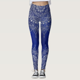 Elegant Silver auf Deep Blue Floral Henna Mandala Leggings