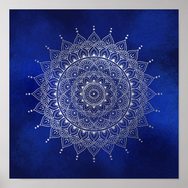 Elegant Silver auf Deep Blue Floral Henna Mandala Poster (Vorne)