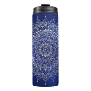 Elegant Silver auf Deep Blue Floral Henna Mandala Thermosbecher