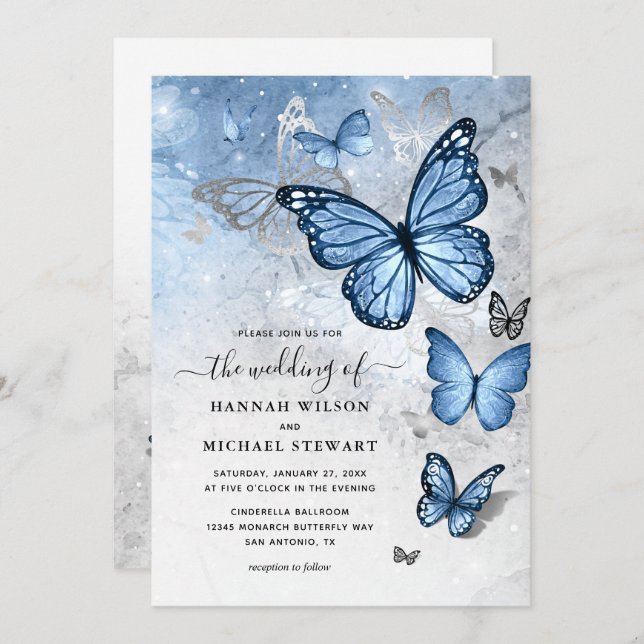 Elegant Silver Baby Blue Butterfly Wedding Einladung (Vorne/Hinten)