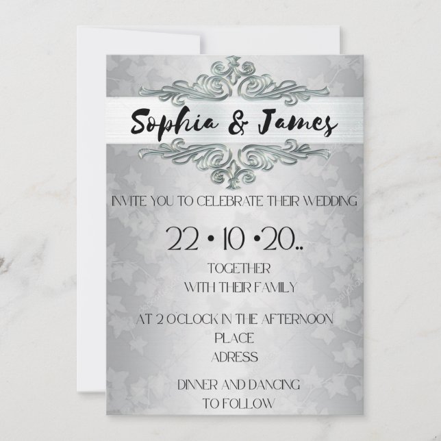 Elegant Silver Baroque Wedding Invitation – Custom Einladung (Vorderseite)