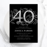 Elegant Silver Black 40. Geburtstag Einladung<br><div class="desc">Elegant silberschwarz 40. Geburtstag Party Einladung. Individuell anpassbares modernes feminines Design mit Rose botanischen Akzenten und Imitaten Glitzer Silber. Einfache florale Einladungskarte perfekt für eine stilvolle Damenfeier. Personalisieren Sie Ihre persönlichen Daten. Gedruckte Zazzle Einladungen oder Sofortdownload digitalen druckbaren Vorlage.</div>