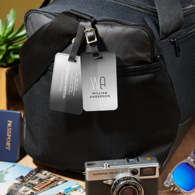 Elegant Silver & Black Metallic Brushed Monogram Gepäckanhänger (Vorderseite & Rückseite)