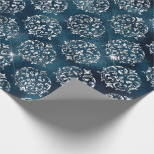 Elegant Silver Blue Damask Weihnachten Geschenkpapier
