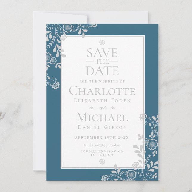 Elegant Silver Blue Floral Wedding Save the Date (Vorderseite)