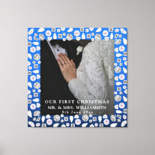 Elegant Silver Blue Heart Diamond Erste Weihnachte Leinwanddruck