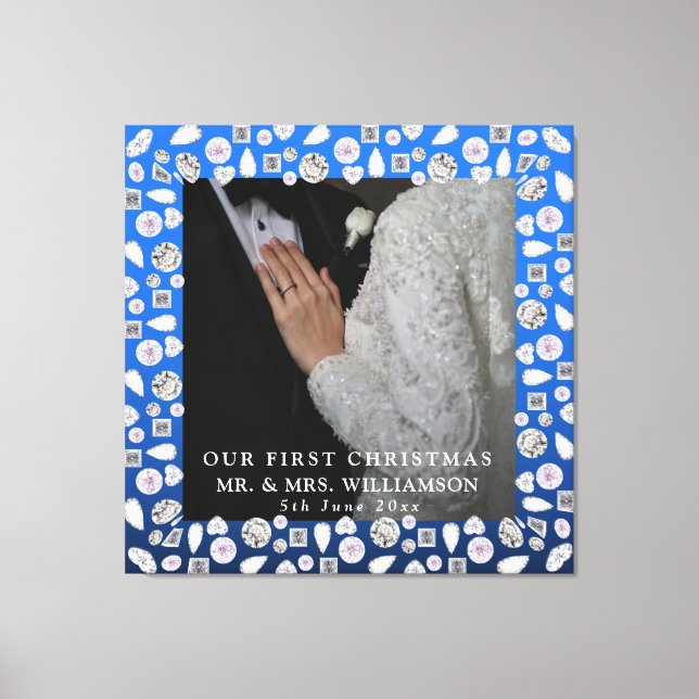 Elegant Silver Blue Heart Diamond Erste Weihnachte Leinwanddruck (Vorderseite)