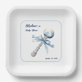 Elegant Silver Blue Rattle Bow Baby Shower Pappteller