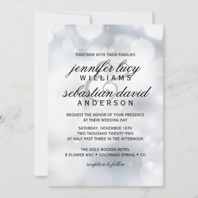 Elegant Silver Bokeh Light Chic Wedding Einladung (Vorderseite)