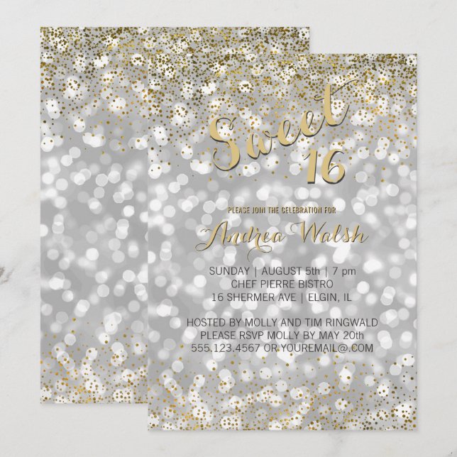 Elegant Silver Bokeh Lights Gold Confetti Sweet 16 Einladung (Vorne/Hinten)