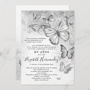 Elegant Silver Butterfly Spanish Quinceanera Einladung