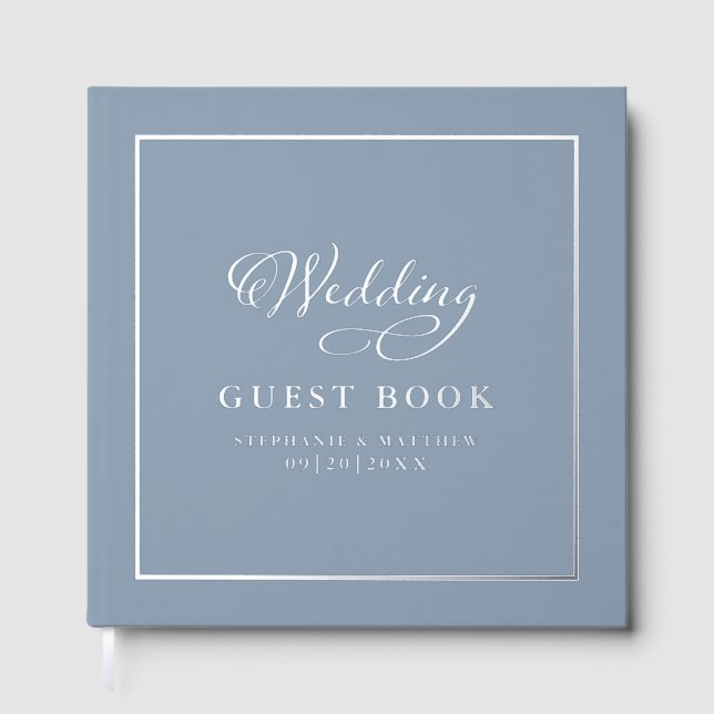 Elegant Silver Calligraphy Wedding Chic Dusty Blue Gästebuch (Vorderseite)