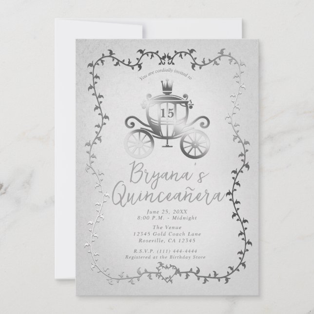 Elegant Silver Carriage Storybook Quinceañera Einladung (Vorderseite)