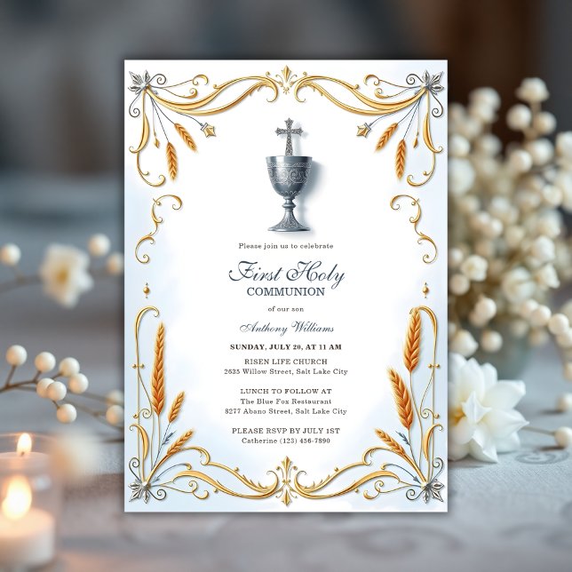 Elegant Silver Chalice Boy Erste Heilige Kommune Einladung (Elegant First Holy Communion Invitation for Boy – Silver Chalice & Gold Wheat Design)