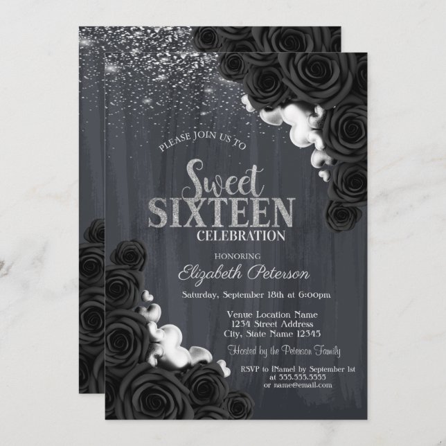 Elegant Silver Confetti Black Rose Sweet 16 Einladung (Vorne/Hinten)