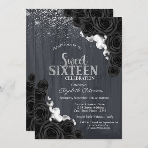 Elegant Silver Confetti Black Rose Sweet 16 Einladung