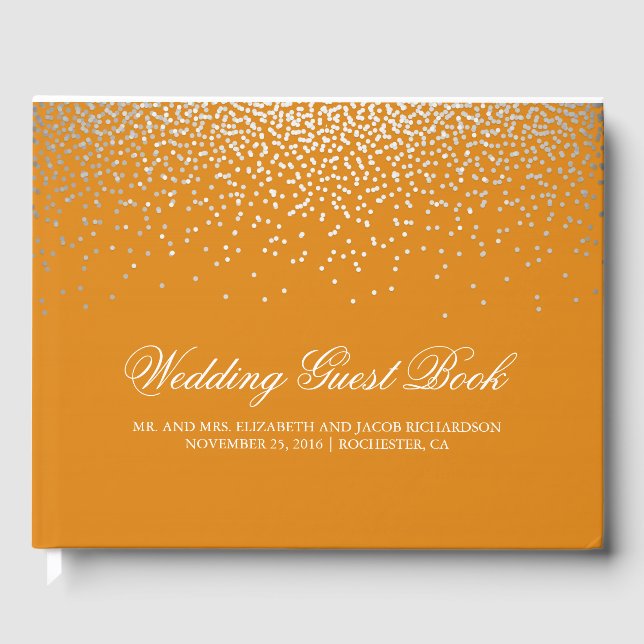 Elegant Silver Confetti Dots Orange Wedding Gästebuch (Vorderseite)