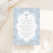 Elegant Silver Cross Blue Damask Baby Boy Baptisse