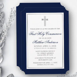 Elegant Silver Cross Blue First Communion Einladung