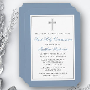Elegant Silver Cross Dusty Blue First Communion Einladung
