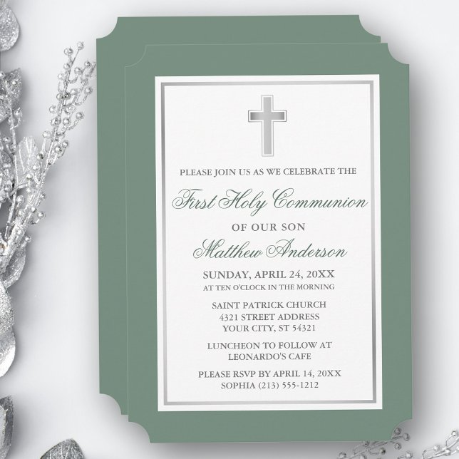 Elegant Silver Cross Sage Green First Communation Einladung (Customize to change text size, style, color or to add more text or photos to back of card.)
