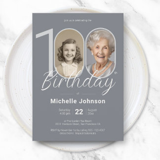 Elegant Silver Custom Photo 100th Birthday Einladung