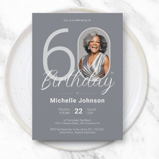 Elegant Silver Custom Photo 60th Birthday Einladung