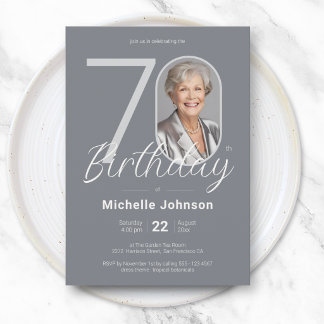 Elegant Silver Custom Photo 70th Birthday Einladung