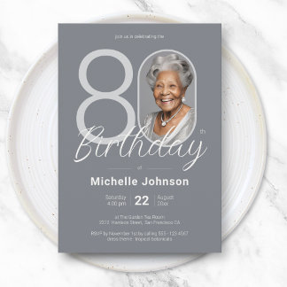Elegant Silver Custom Photo 80th Birthday Einladung