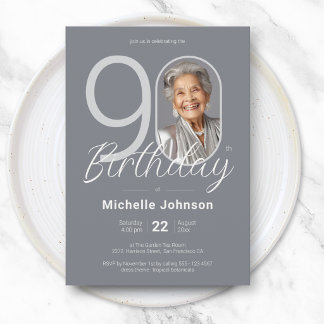 Elegant Silver Custom Photo 90th Birthday Einladung
