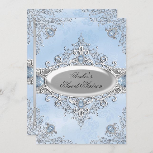 Elegant Silver Damask & Blue Jewel 16 . Geburtstag Einladung (Vorne/Hinten)