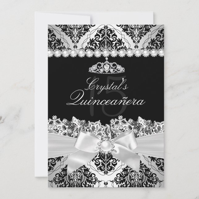 Elegant Silver Damask & Bow Quinceanera Einladung (Vorderseite)